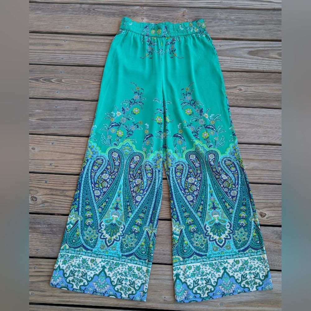 Rachel Zoe Teal Paisley Wide Leg Pants